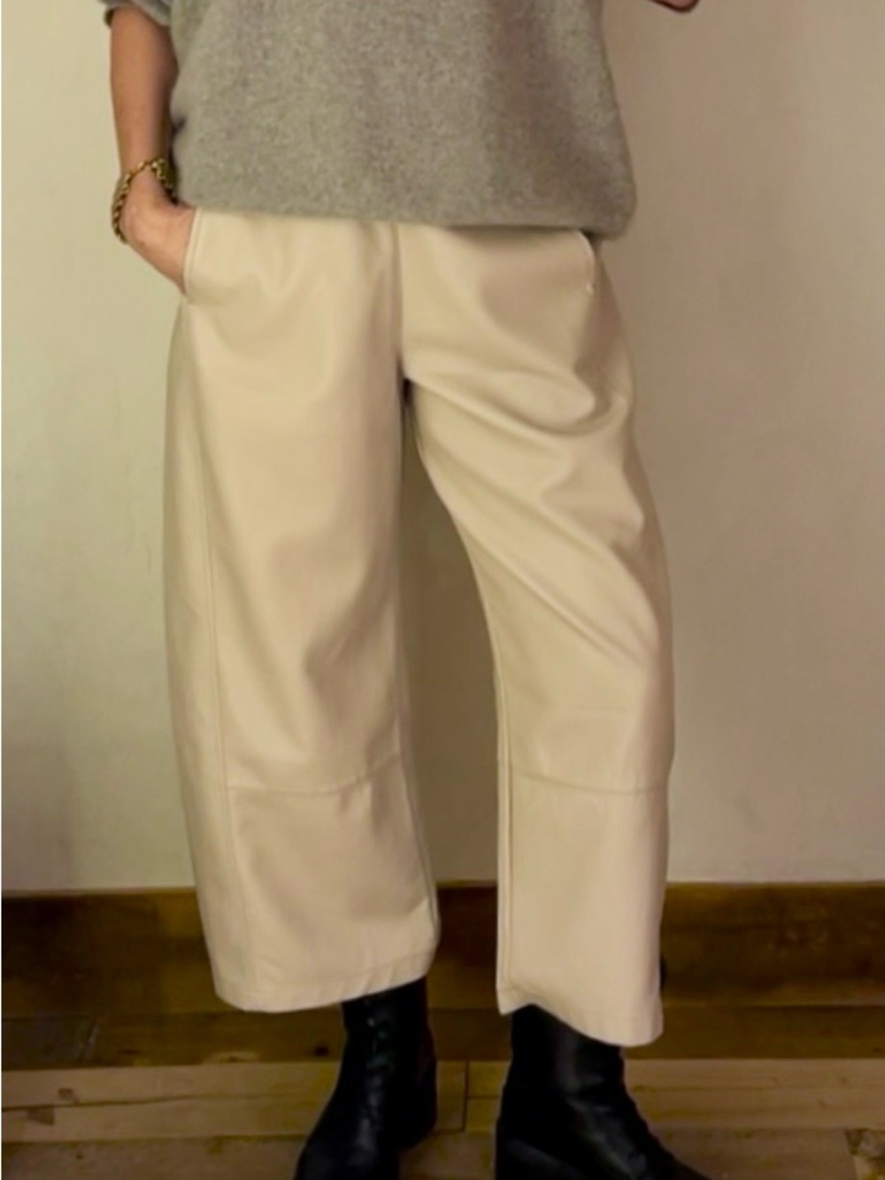 Anthropologie Pilcro Cream Faux Leather Cropped Wide Leg Pant